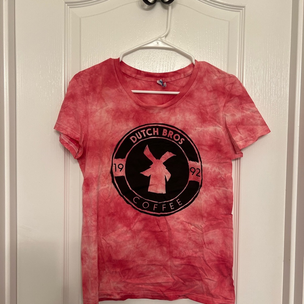 Dutch Bros Pink Tie Dye fitted tee.
